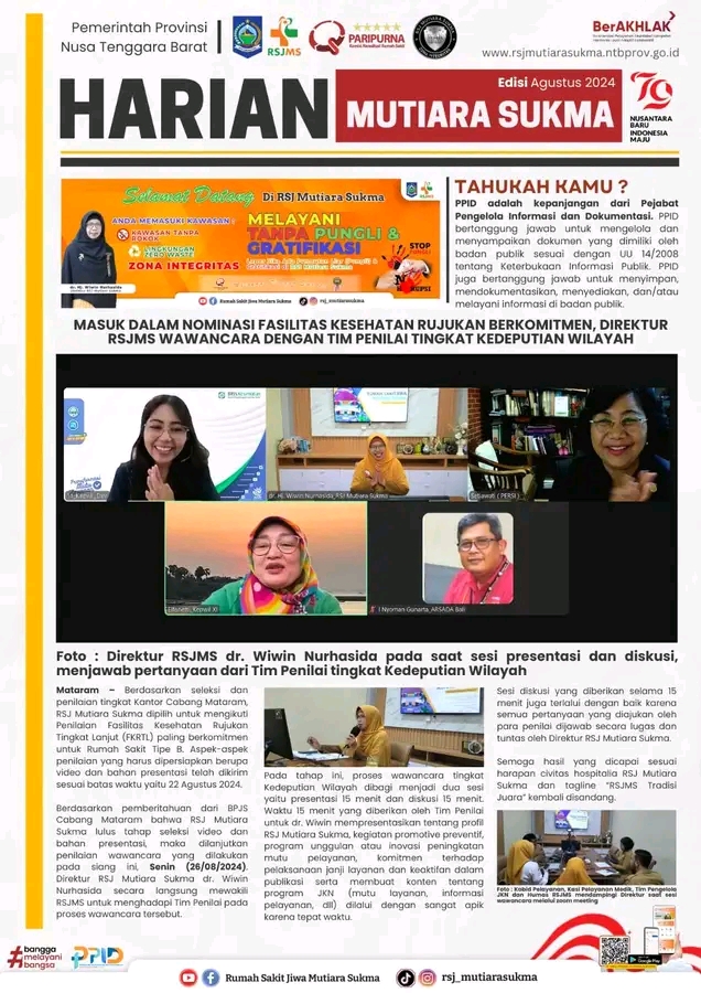 MASUK DALAM NOMINASI FASILITAS KESEHATAN RUJUKAN BERKOMITMEN, DIREKTUR RSJMS WAWANCARA DENGAN TIM PENILAI  TINGKAT KEDEPUTIAN  WILAYAH